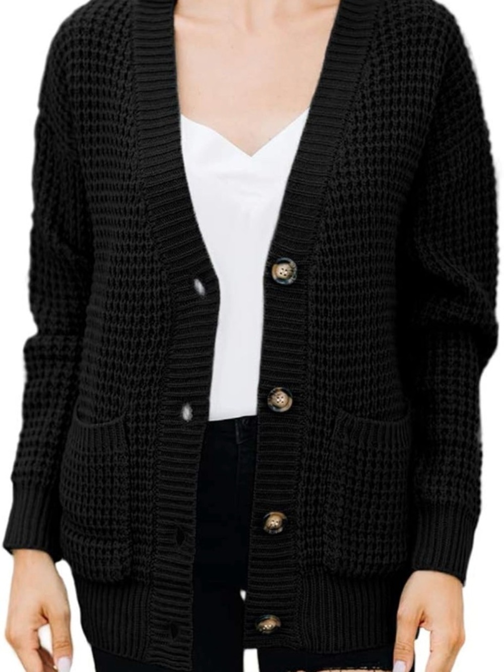 Black Chunky Knit Button-Front Cardigan Sweater